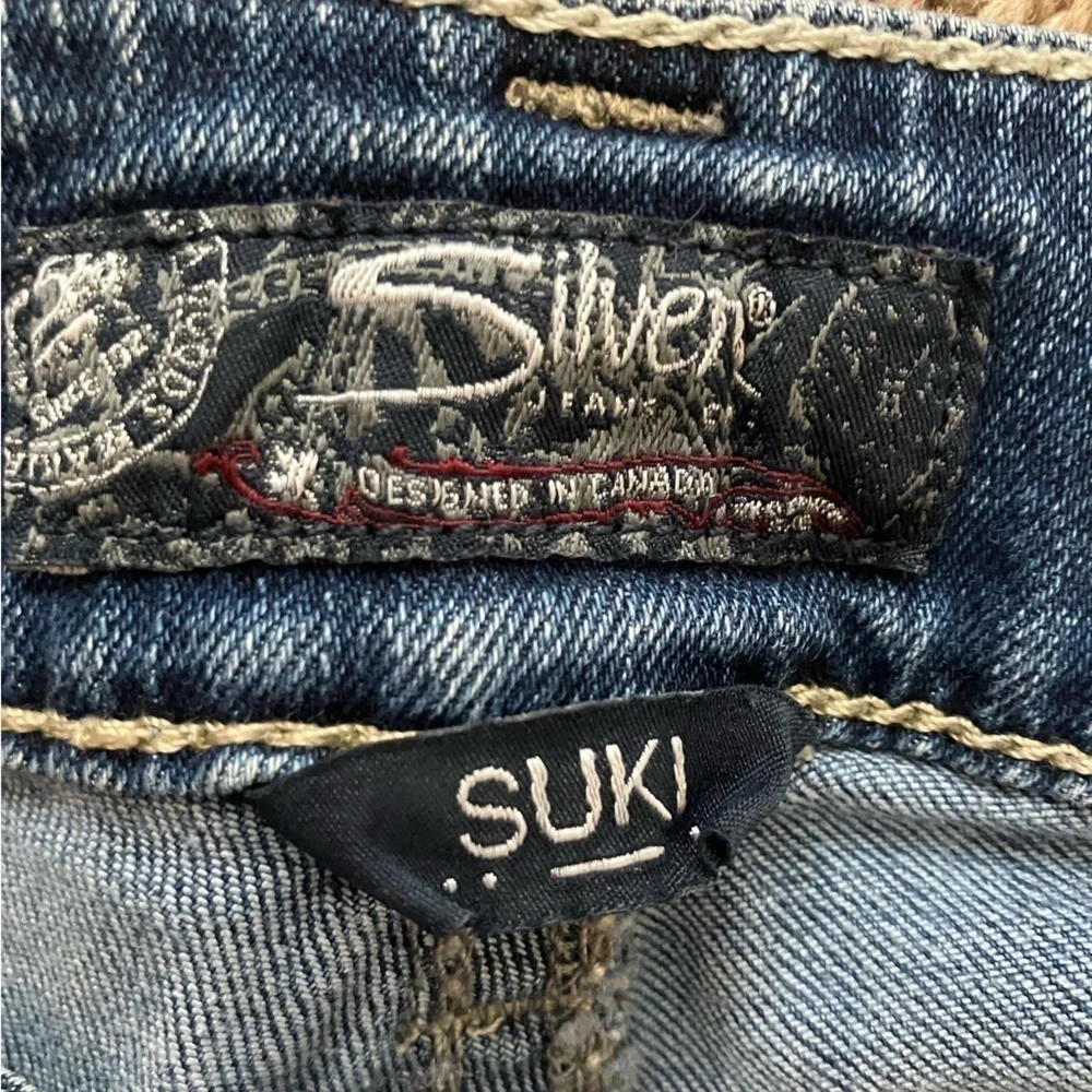 Y2K Vintage Silver Suki Mid Rise Capris with Embroidered S Scroll Pockets Sz 28